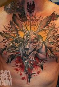 Animal misterioso sangrento engraçado no peito com padrão de tatuagem de seta