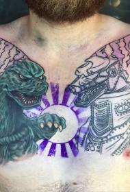 patrón de tatuaje de Godzilla de estilo asiático en el pecho