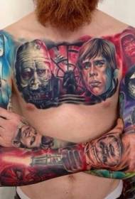 modello di tatuaggio ritratto eroe dei cartoni animati di guerre stellari colore petto e braccio