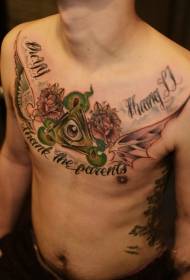 modello maschile tatuaggio ali di occhio di dio petto rosa