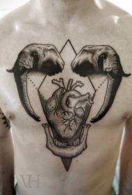 bularrean elefante buru beltz harrigarria, bihotza eta garezur tatuaje ereduarekin