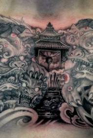 Peito tigre colorido de temática asiática e misterioso patrón de tatuaxe de altar