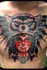 donna di stile ind'u pettu di culori muderni cù mudellu di tatuaggi di casco di lupu