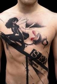 padrão de tatuagem de letra misteriosa mulher sexy peito masculino