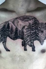 胸部黑牛牛和山林景觀紋身圖案