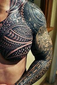 chest and arm black and white Polynesian totem tattoo pattern