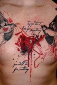 corazón de peito rojo con patrón de tatuaxe de aves de cruz negra