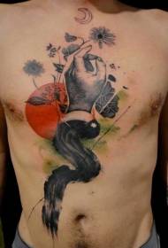 pecho estilo surrealista hombre mano flor y luna tatuaje patrón