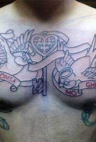 pecho simple línea negra golondrina alas en forma de corazón tatuaje patrón
