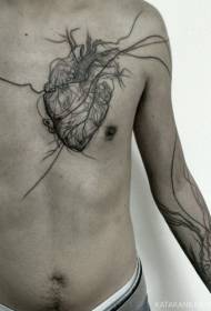 bröst gravyr stil svart vackra hjärtatatuering mönster