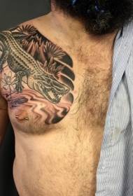 полуазиски стил црн крокодил со шема на тетоважа на лотос