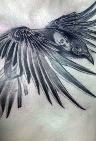 胸部黑色灰色飛烏鴉紋身圖案