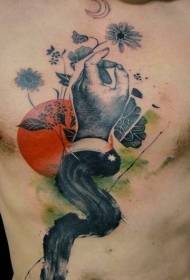 unikali krūtinės unikali juodai pilka ranka su saulės ir gėlių tatuiruotės modeliu
