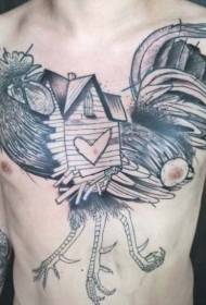 груди незвичайний дизайн чорний сірий півень з малюнком маленький будинок татуювання