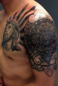 balikat natatanging kumbinasyon itim na Jesus portrait at sinaunang Maya flat tattoo pattern