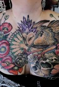 krūtinės spalvos graži pelėda įvairių gėlių kaukolė ir tatuiruotės raktas