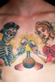 bröstfärg tecknad skönhet med skelett par tatuering mönster