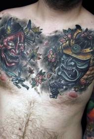 mannlig bryst fargerik samurai maske og prajna tatoveringsmønster 51462 - halvamerikansk unik flerfarget halv keltisk tatoveringsmønster