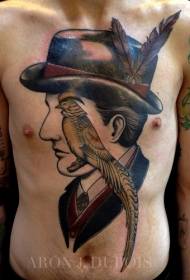 chest surreal style color portrait with parrot tattoo pattern
