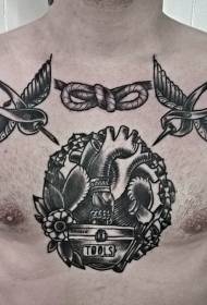 bularrean grabatu beltza estilo hegaztia eta bihotza lore tatuaje eredua