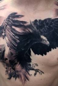 胸部非常逼真的黑色灰色鷹紋身圖案