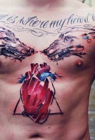 petto e addome lupo stile acquerello con cuore Modello di tatuaggio lettera