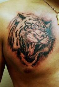 chest black gray roaring tiger tattoo pattern