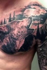 realistický štýl čiernobiele kričanie vlka polovica brnenia tetovanie vzor