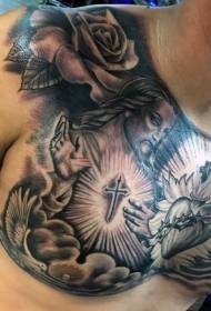 гърдите черно сив стил религиозна тема роза Исус татуировка модел