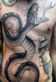 Vēdera un krūškurvja jaunās skolas melnbaltās lielās čūskas tetovējuma modelis