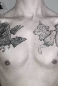 gravure stijl borst zwarte wolf met kraai tattoo patroon