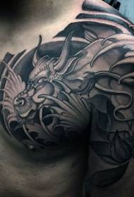 Japán hagyományos fekete szürke fantasy sárkány fél fejdísz tetoválás minta