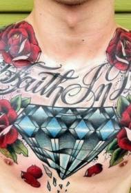 wzór klatki piersiowej kolorowa róża i złamany diament wzór tatuażu