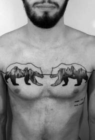 груди црне медвједе силуете са планинским узорком тетоваже