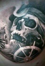 nautisch thema borst zwart en wit piraten schedel en zeilboot tattoo patroon