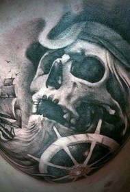 nautical ntsiab hauv siab dub thiab dawb pirate pob txha taub hau thiab sailboat tattoo txawv