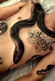 stupendo motivo a tatuaggio serpente nero bianco e nero sul petto