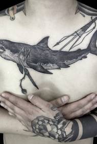 modèle de tatouage de requin et harpon de style noir de gravure