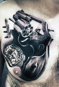 חזה אקדח שחור לבן לבן מדהים אקדח דפוס קעקוע עם תג משטרה