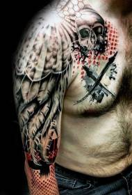 ramensko in prsno barvno perje in vzorec tatoo puščice lobanje
