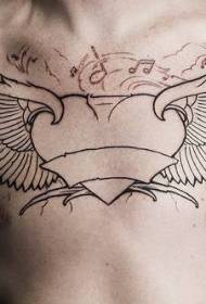 पंख असलेले हृदय-आकाराचे संगीत प्रतीक छाती अपूर्ण टॅटू नमुना