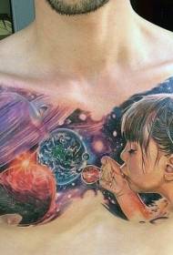 mellkas színes naprendszer és a kislány portré tetoválás minta