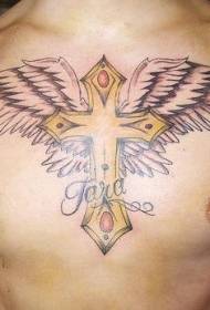 prsni zlatni križ i krilo tetovaža uzorak