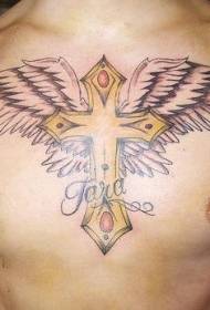 disegno del tatuaggio sul petto con croce dorata e ala
