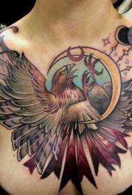 old school kleur vliegende adelaar maan en sterren borst tattoo patroon