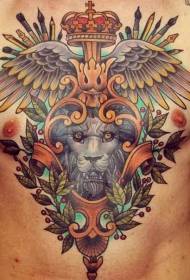 naujas mokyklos krūtinės spalvos liūto vainiko ir sparnų tatuiruotės raštas
