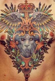 nova lernejo brusto kolora leono krono kaj flugiloj tatuaje ŝablono
