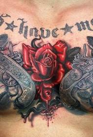 pistola tatuaggio vecchia scuola e motivo tatuaggio rosa rossa