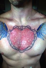 心形和翅膀紋身圖案的胸部複雜線