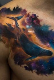 не гърдите съзерцателен кит в цветен звезден модел на татуировка